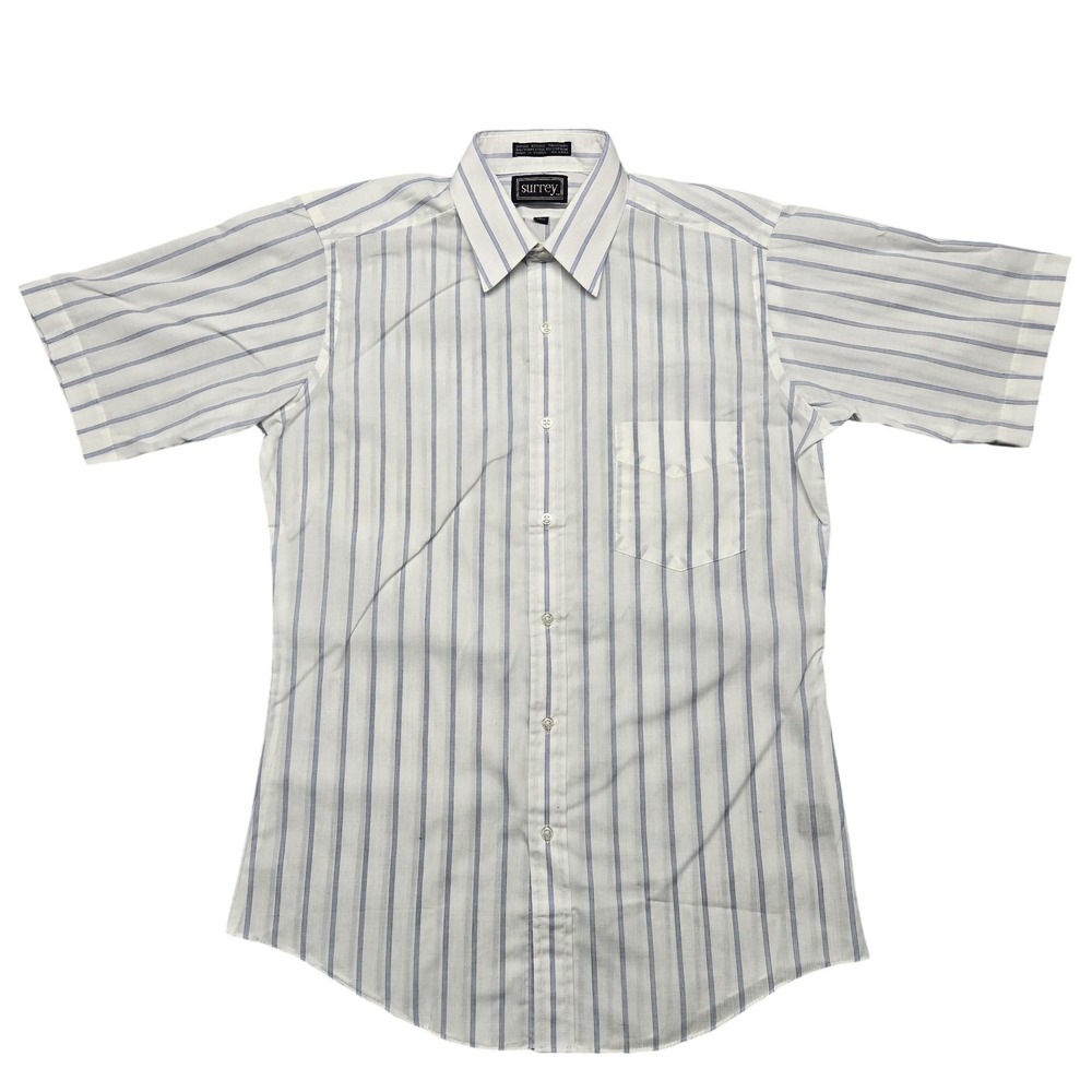 Surrey Shirt Mens 14 1/2 White Blue‎ Striped Short Sleeve Button Front Pocket